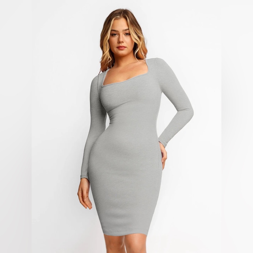 NWT Popilush Shapewear Grey Square Neck Ribbed MIDI Dress Size L